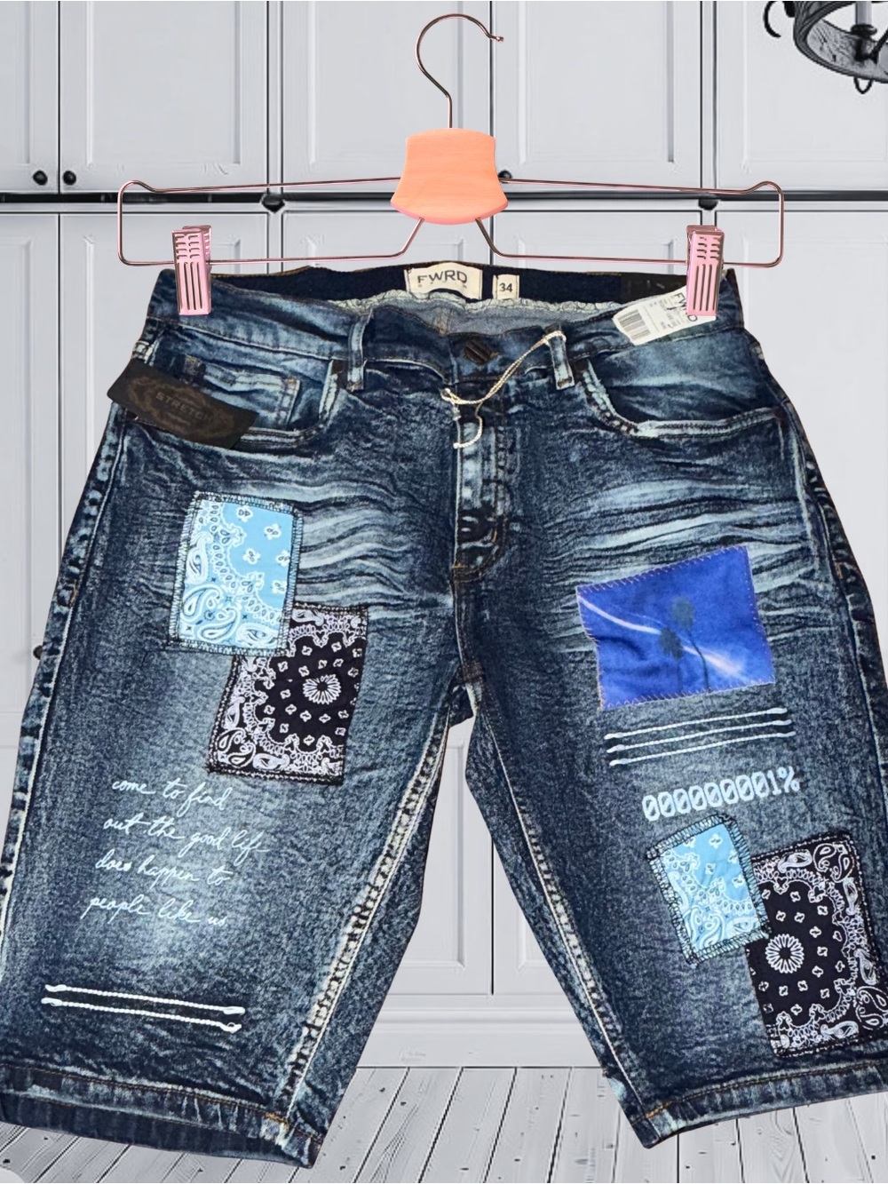 FWRD Men's Dark Wash Patchwork Denim Jean Shorts